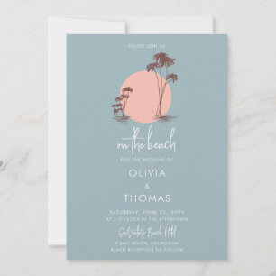 Invitation Simple moderne Dusty Blue Palm Trees Beach Wedding