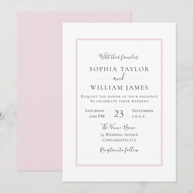 Invitation Simple moderne Elegant Bleu Mariage frontière (Devant / Derrière)