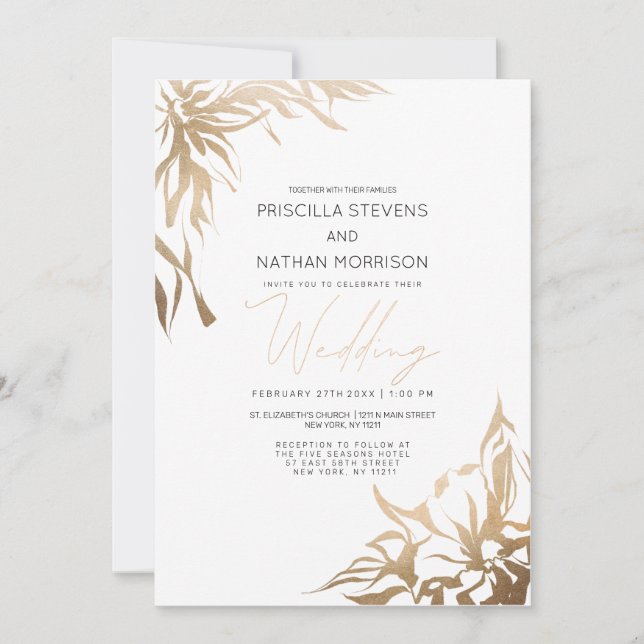 Invitation Simple moderne Elegant Gold Abstrait Flora Mariage (Devant)