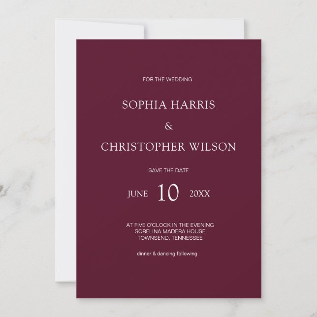 Invitation Simple Moderne, élégant Mariage de Bourgogne (Devant)