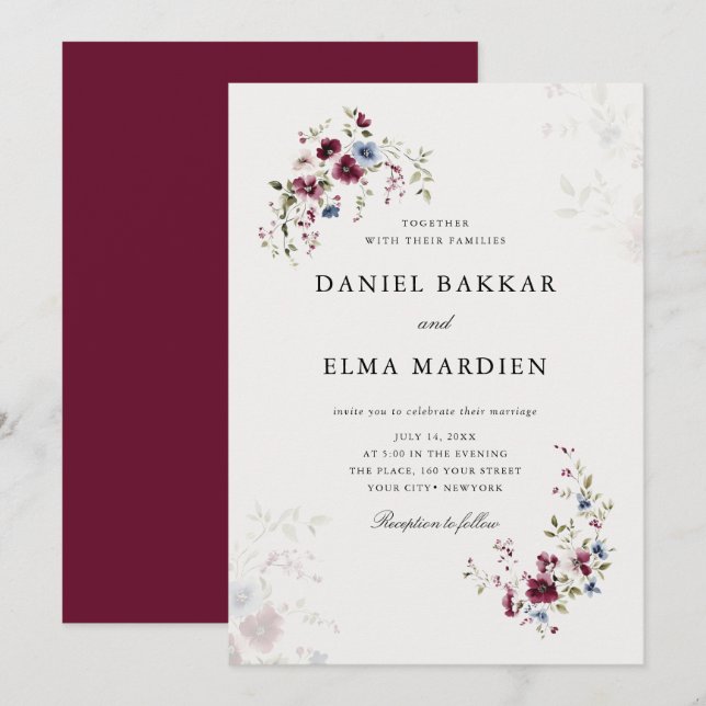 Invitation Simple moderne élégant Mariage floral Boho Bourgog (Devant / Derrière)