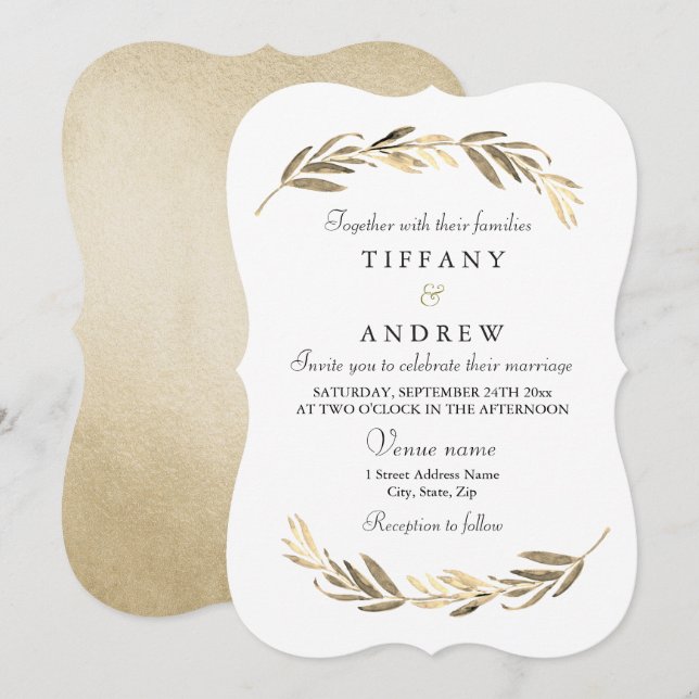 Invitation Simple moderne Elegant Mariage Gold Leaf (Devant / Derrière)