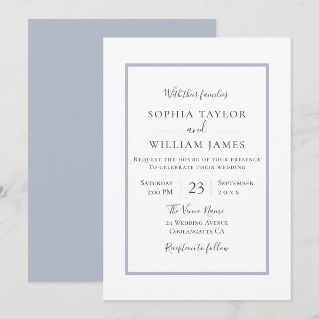 Invitation Simple Moderne Élégante Bordure Bleue Mariage Scri (Devant / Derrière)