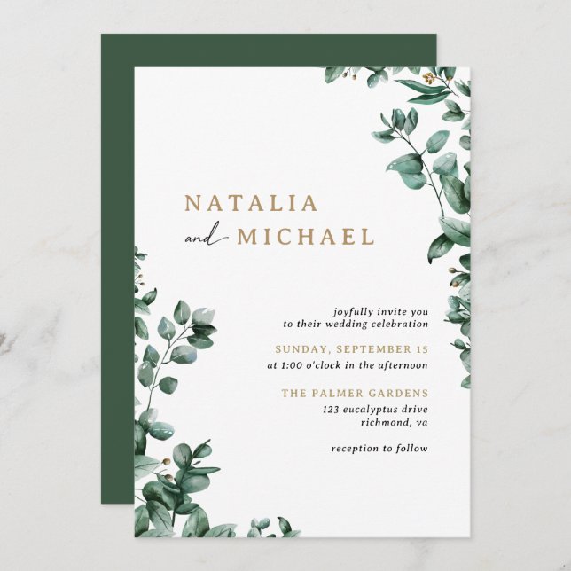 Invitation Simple moderne Eucalyptus verdure | MARIAGE DÉCONT (Devant / Derrière)