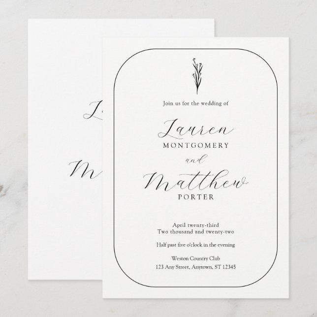 Invitation Simple moderne Floral noir et blanc Mariage (Devant / Derrière)