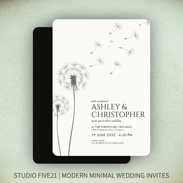 Invitation Simple moderne Fumée Mariage noir Dandelion (Créateur téléchargé)