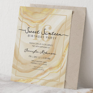 Invitation Simple Moderne Marbre Douce 16 Seize Fête Or