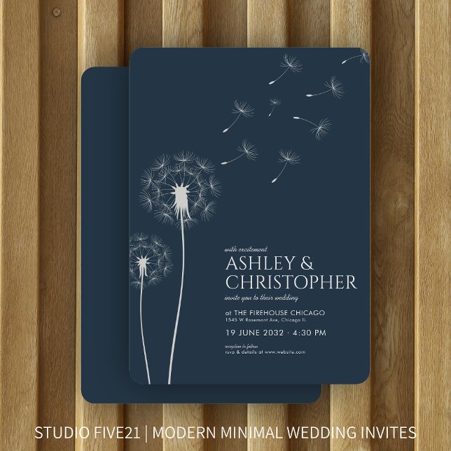 Invitation Simple moderne Mariage bleu Dandelion (Créateur téléchargé)