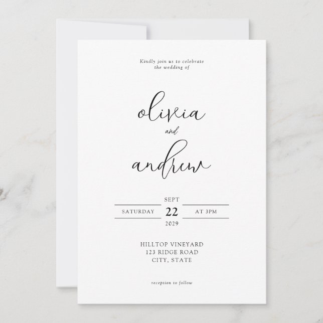 Invitation Simple moderne Mariage de script noir et blanc (Devant)