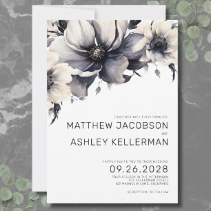 Invitation Simple Moderne Mariage Floral Bohème Noir et Blanc