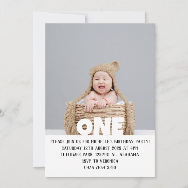 Invitation Simple moderne mignonne première photo bébé annive (Devant)