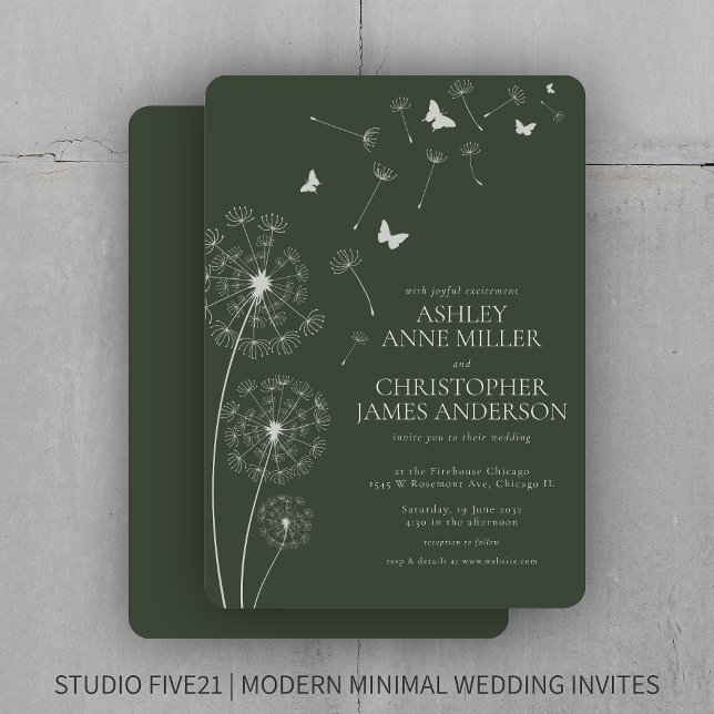 Invitation Simple moderne Moss Green Dandelion Mariage (Créateur téléchargé)