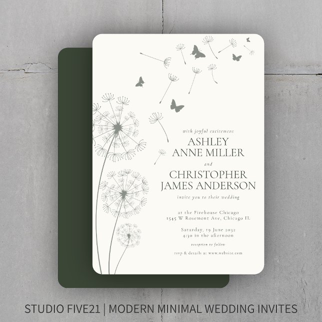 Invitation Simple moderne Moss Green Dandelion Mariage (Créateur téléchargé)