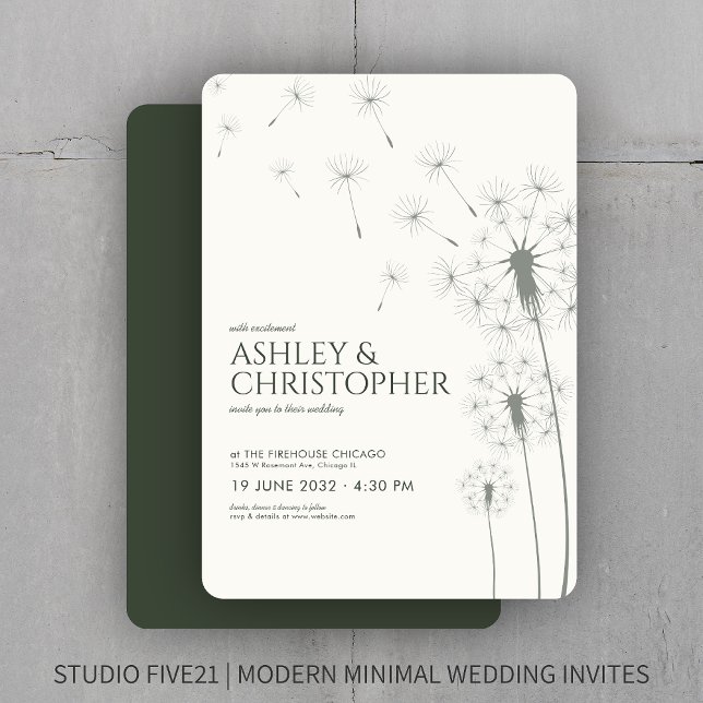 Invitation Simple moderne Moss Green Dandelion Mariage (Créateur téléchargé)