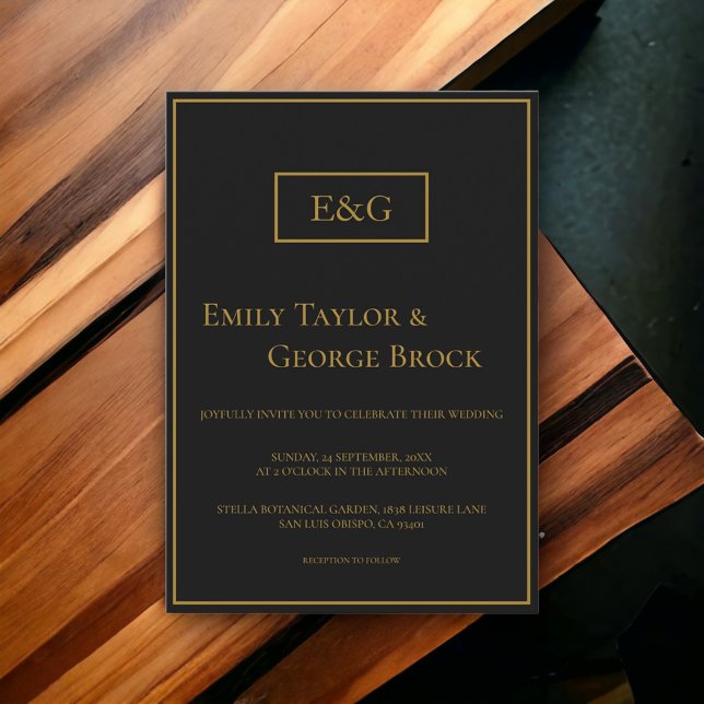Invitation Simple Moderne Noir Et Or Monogramme Mariage Chic (Créateur téléchargé)