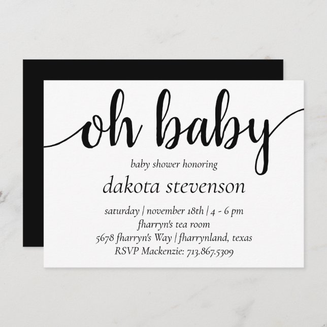 Invitation Simple moderne Oh Baby | Flourish Script Douche (Devant / Derrière)