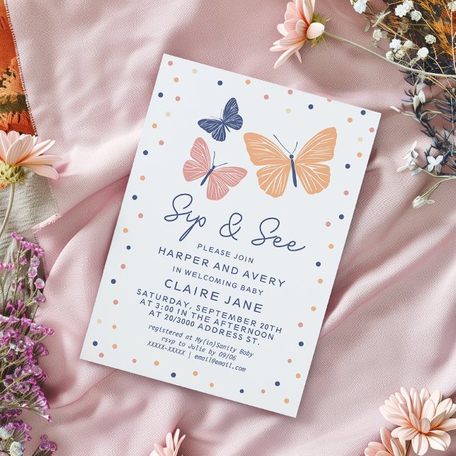 Invitation Simple moderne papillon Sip et voir (Simple and modern sip and see invitation featuring butterflies and elegant typography.)