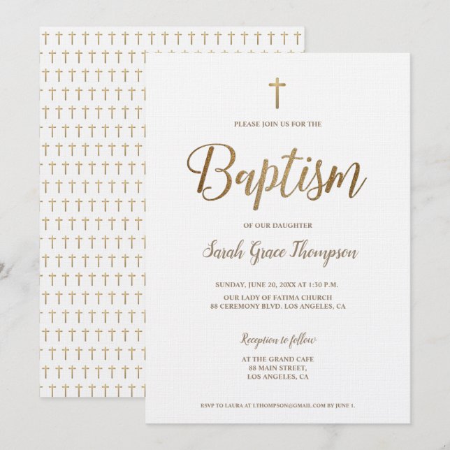 Invitation Simple moderne Pure White Gold Cross Girl Baptism (Devant / Derrière)