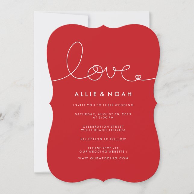 Invitation Simple moderne Red Loopy Love Coeur Mariage Invite (Devant)