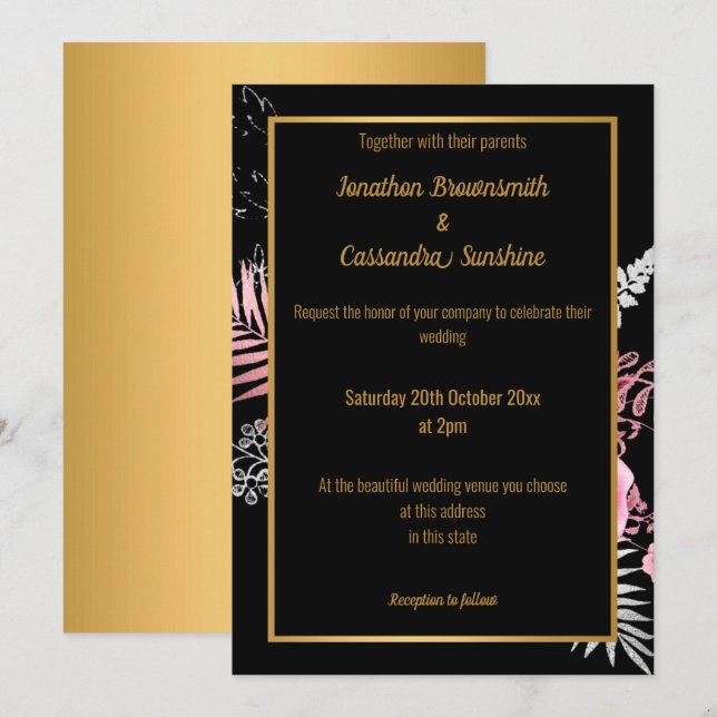 INVITATION SIMPLE MODERNE ROSE OR FLORAL MARIAGE TOUT NOIR (Devant / Derrière)