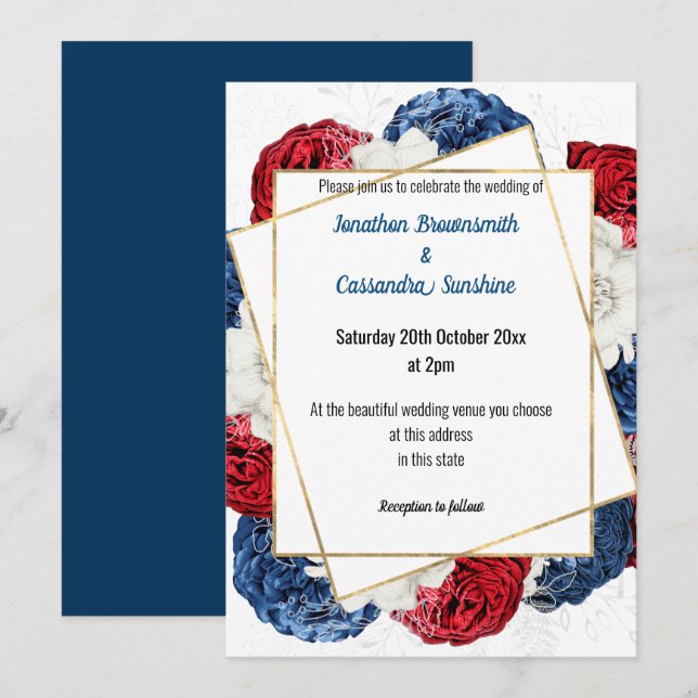 INVITATION SIMPLE MODERNE ROUGE BLEU GRAY FLORAL MARIAGE BLAN (Devant / Derrière)