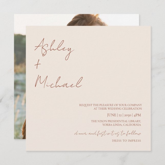 Invitation Simple moderne Script code robe photo Boho Mariage (Devant / Derrière)