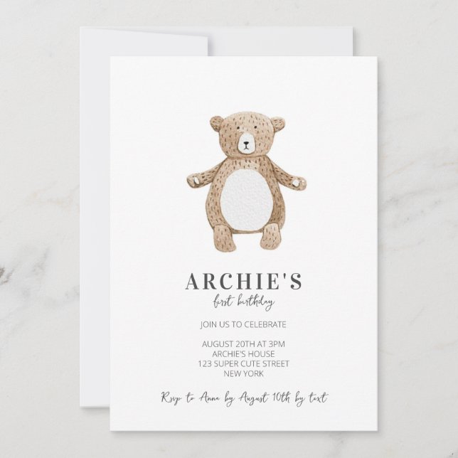 Invitation Simple moderne Teddy Bear 1er Anniversaire (Devant)