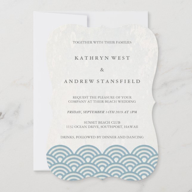 Invitation Simple moderne Vagues Bleu + Blanc Plage Mariage (Devant)