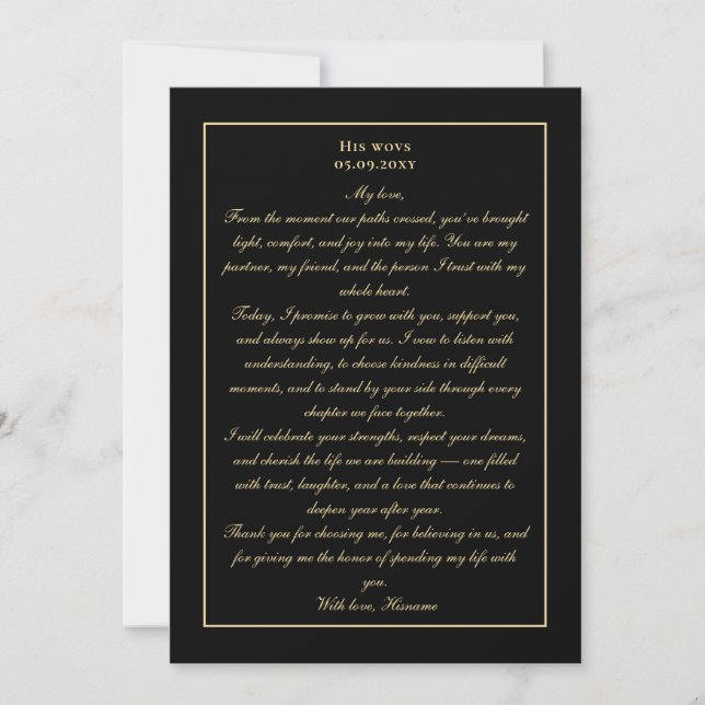 Invitation Simple Monogram Black Gold Wedding Vow Card (Devant)