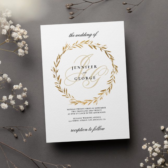 Invitation Simple monogramme initiales de feuilles d'or blanc (Simple white gold leaf monogram initials Wedding)