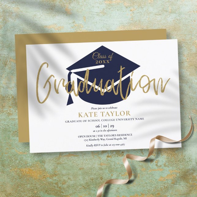 Invitation Simple Navy Blue and Gold Script Graduation Party (Créateur téléchargé)