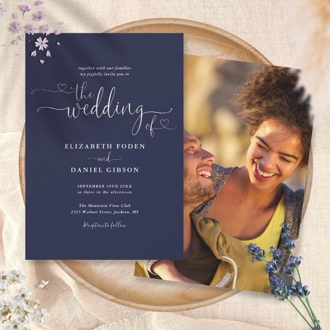 Invitation Simple Navy Blue Hearts Script Mariage photo (Créateur téléchargé)