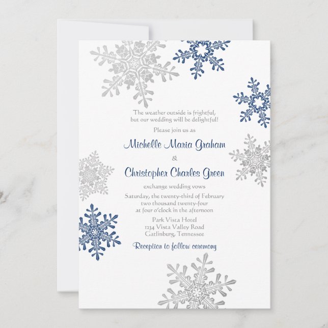 Invitation Simple Navy Blue Silver Winter Snowflake Mariage (Devant)