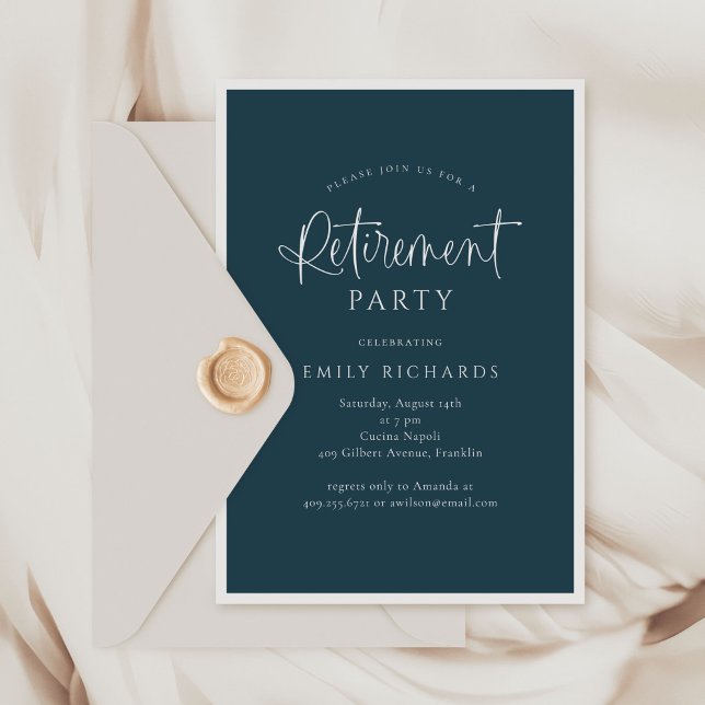 Invitation Simple Navy Calligraphy Script Retraite Party (Créateur téléchargé)