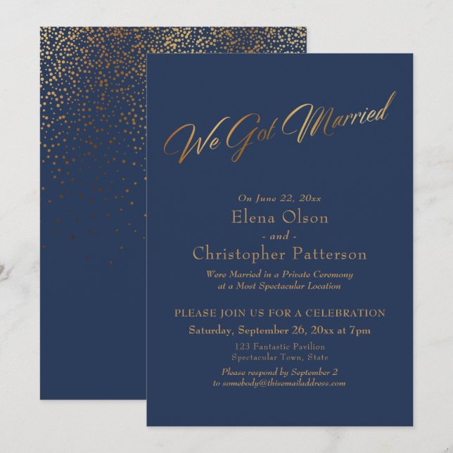 Invitation Simple Navy & Gold Nous Avons Marié Script Confett (Devant / Derrière)