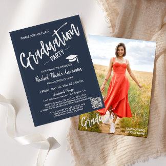 Invitation Simple Navy Script QR Code Photo Graduation Party