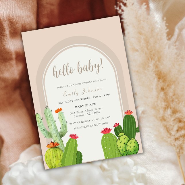 Invitation Simple Neutre Boho Cactus Arc Bonjour Baby shower (Simple Neutral Boho Cactus Arch Hello Baby Shower Invitation)