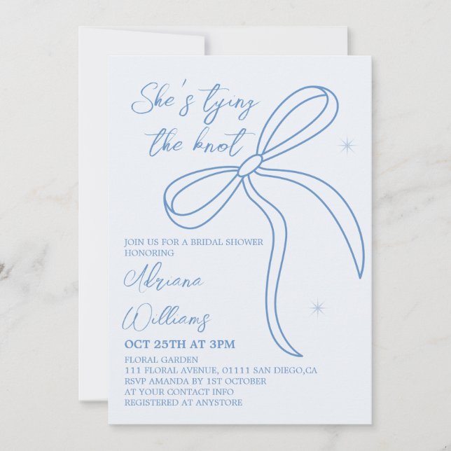 Invitation Simple Nœud Mariage Blanc Bleu (Devant)