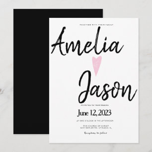 Invitation Simple Noir Blanc Marqueur Script Mariage de coeur