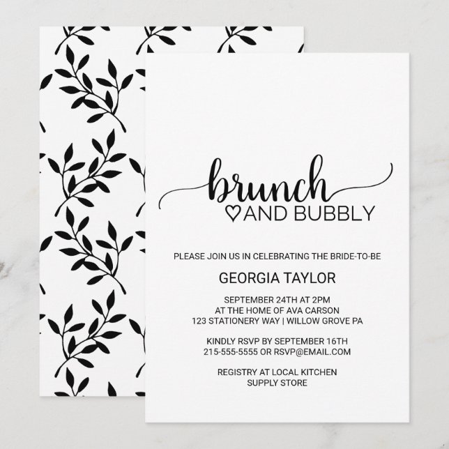 Invitation Simple Noir Calligraphie Brunch et Bubbly (Devant / Derrière)