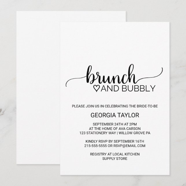Invitation Simple Noir Calligraphie Brunch et Bubbly (Devant / Derrière)