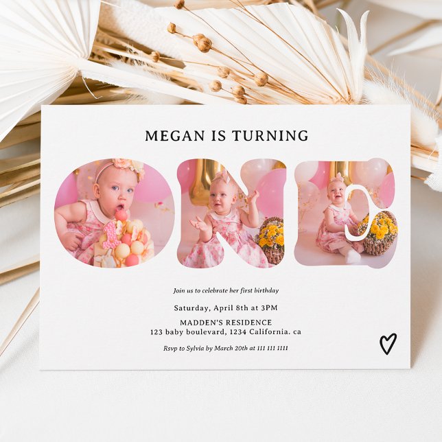 Invitation Simple noir et blanc 3 photos 1er anniversaire (Créateur téléchargé)