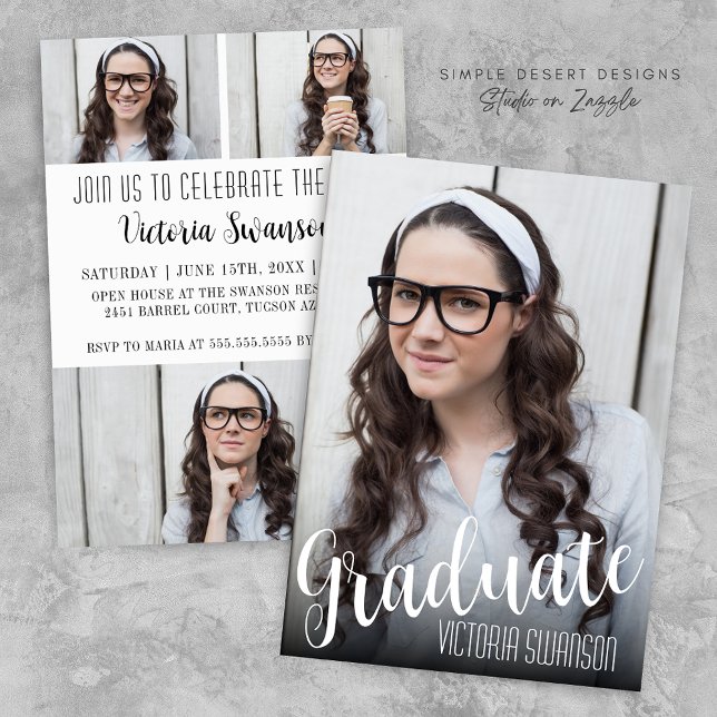 Invitation Simple noir et blanc Script 4 Photo Graduation (Trendy Simple Modern Black and White Graduation Invitation Announcement for High School or College)