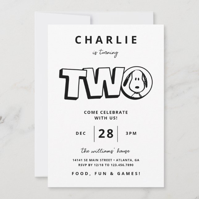 Invitation Simple Noir et Blanc Snoopy 2e anniversaire (Devant)