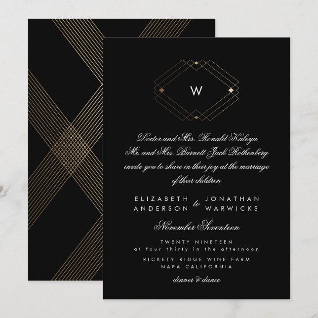 Invitation Simple Noir Moderne Monogramme Or (Devant / Derrière)