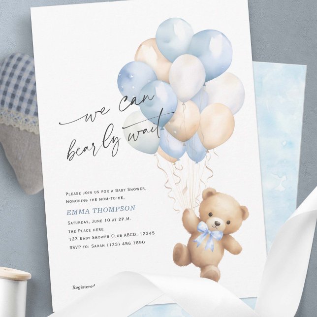 Invitation Simple Nous Pouvons Attendre Bleu Bébé Garçon Douc (Blue We Can Bearly Wait, Cute Teddy Bear Baby Boy Shower Invitation.)