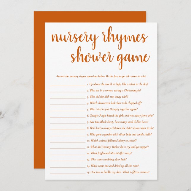Invitation Simple Nursery Rhymes | Automne Orange Game Card (Devant / Derrière)