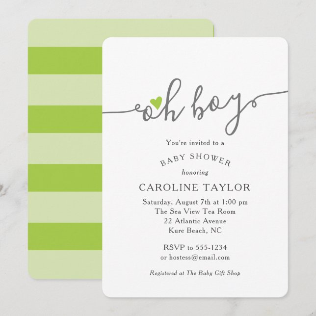 Invitation Simple Oh Boy Lime Green Baby shower (Devant / Derrière)