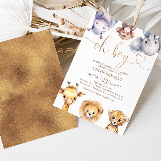 Invitation Simple Oh Boy Safari Animaux Baby Shower (Modern safari baby shower invitation featuring six cute safari animals and faux copper heading.)