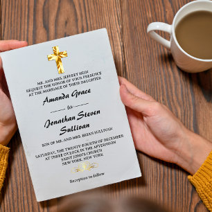 Invitation Simple Or Noël Chrétien Croix Mariage en Or